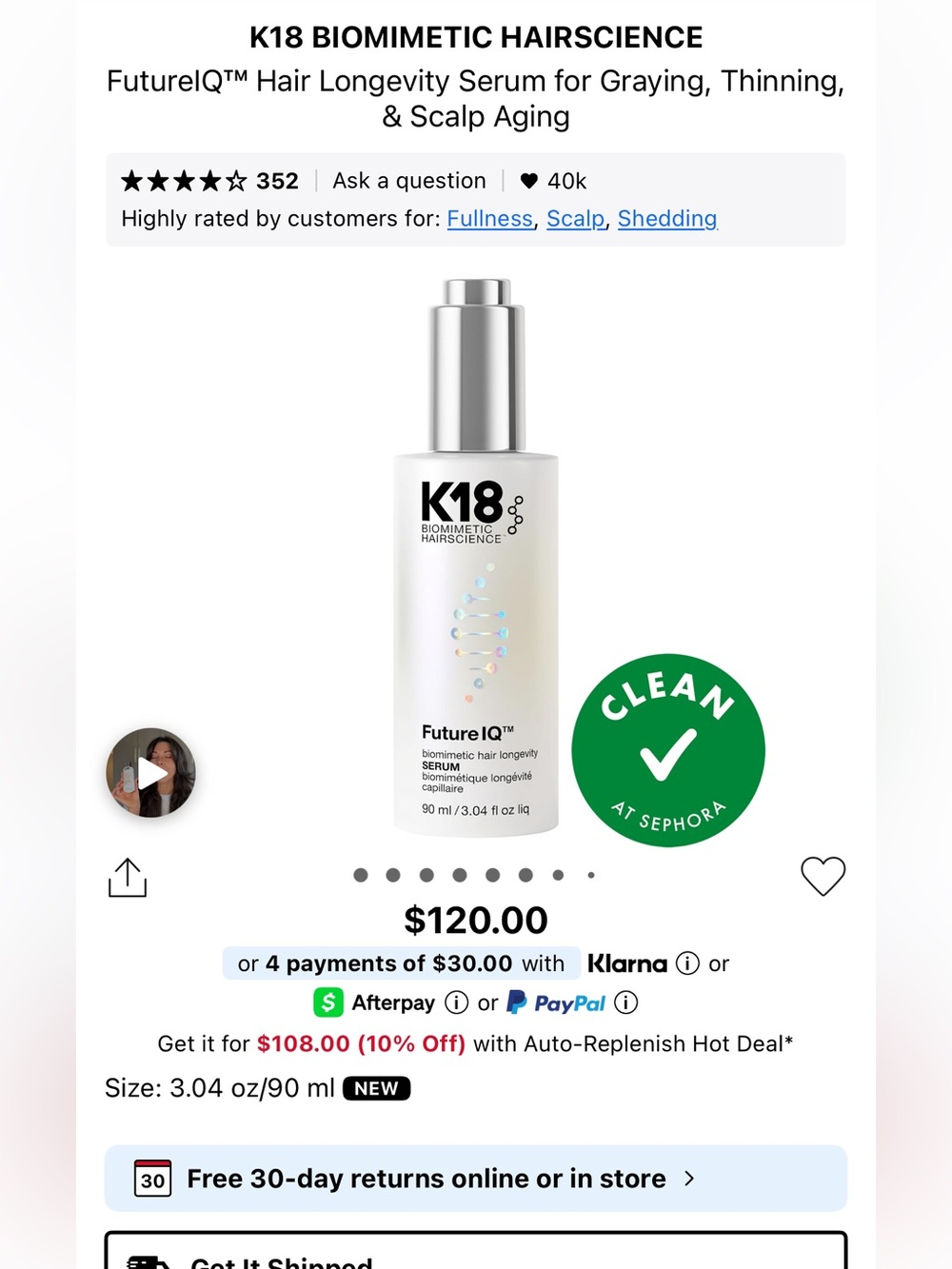 K18 BIOMIMETIC HAIRSCIENCE FutureIQ Hair Longevity Serum for Graying, Thinning-